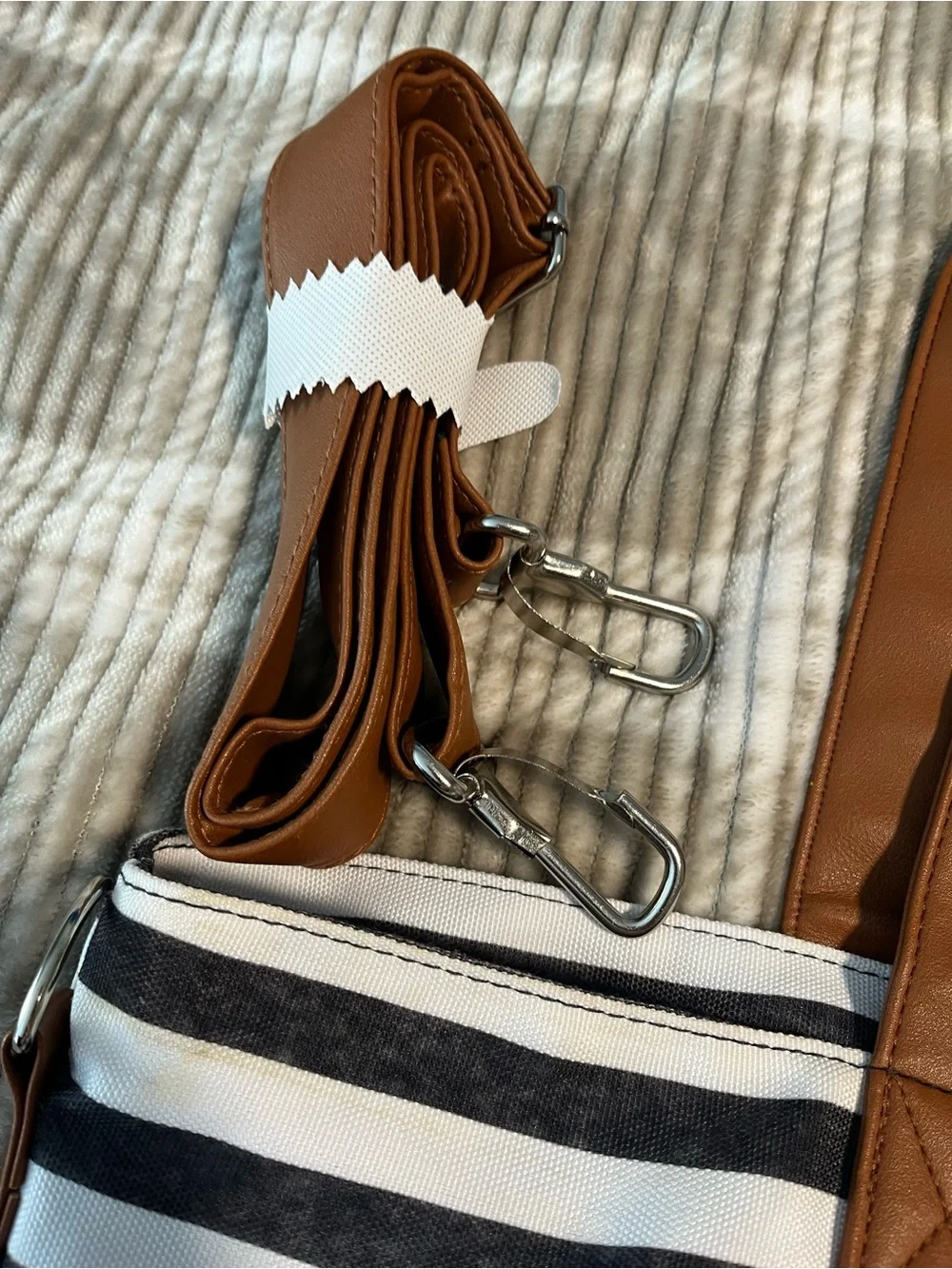 Kindred Bravely Black & White Striped Tote with Brown Accents
